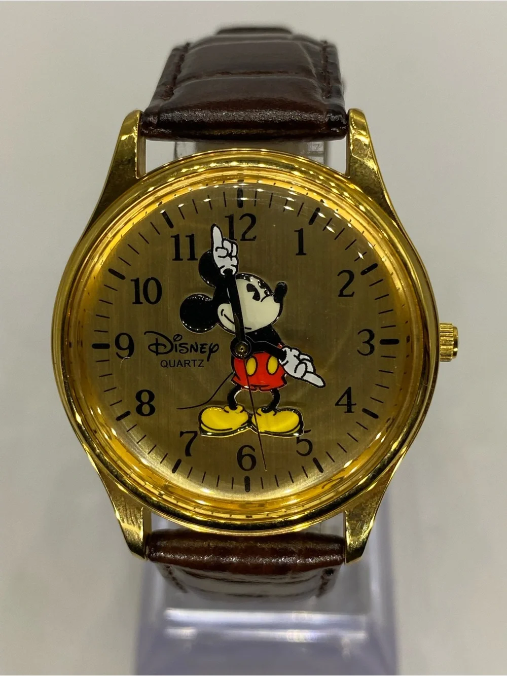 Men’s * Disney ^^^ 3d Mickey Mouse Gold Tone Quartz Watch” Tan Leather Strap ***
